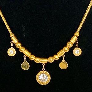 NEW Stainless Steel Gold Tone Necklace Round Roman Numeral Pendant